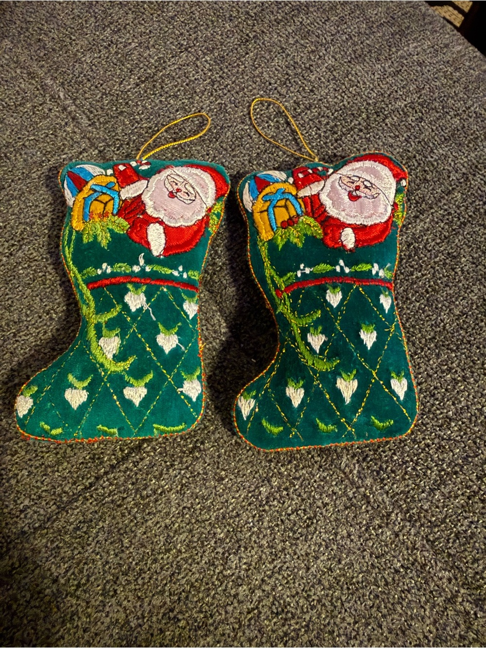 Mini Embroidered Stocking Ornaments "Velveteen" Set Of 2 Santa 4.5"